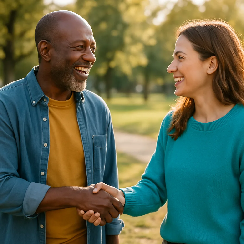 Two people meeting at a local park — genuinely local Suffolk dating