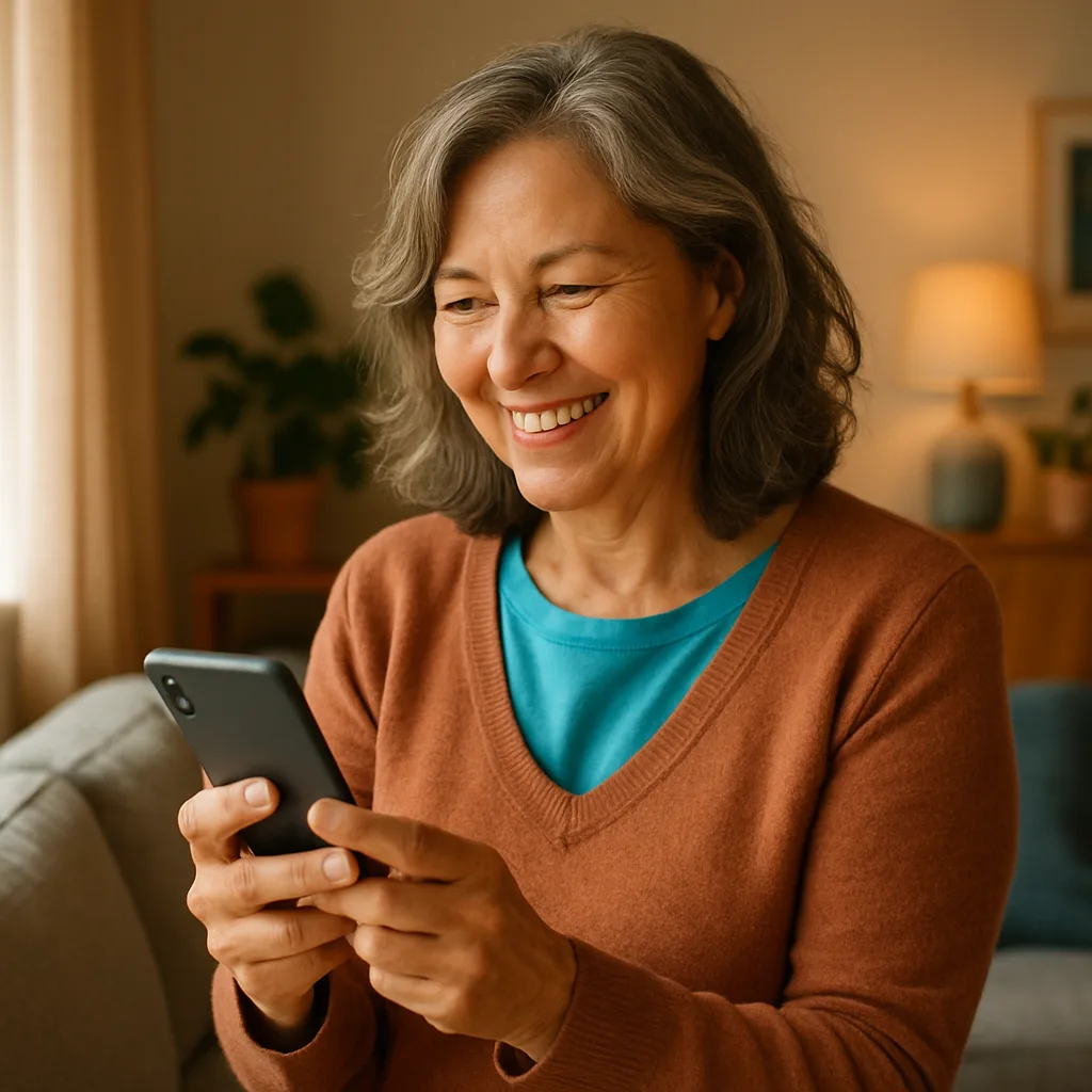 Smiling woman confidently checking her phone — verified profiles on The Suffolk Dating Site